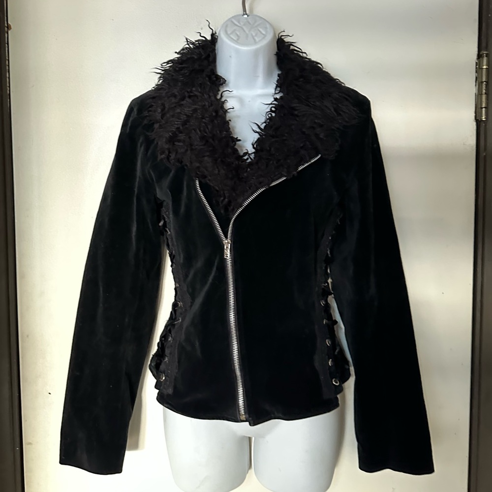 💀 Tripp NYC 💀 Black Velvet Moto Jacket with Faux Fur and Corset Lacing